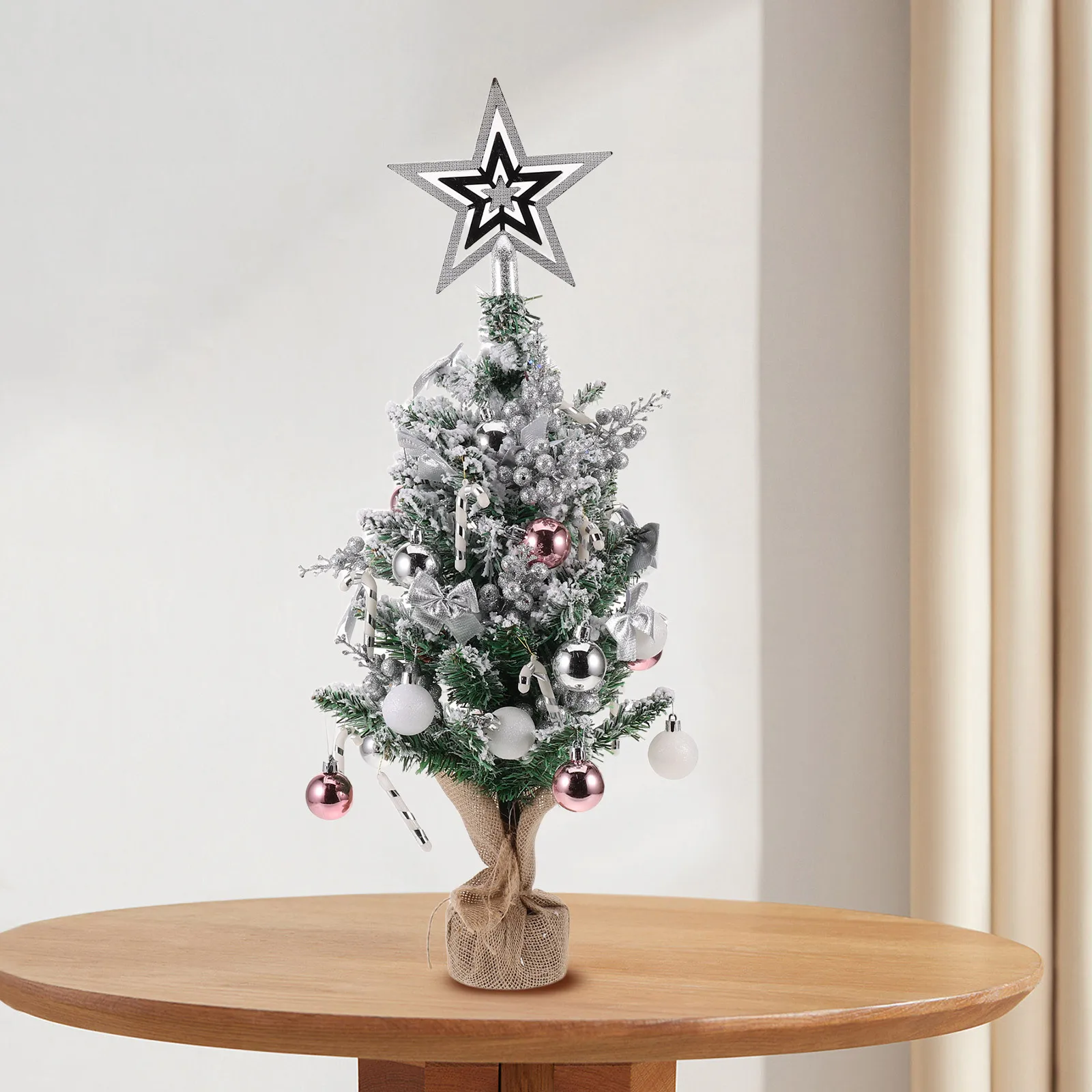 

Small Flocked Christmas Tree Mini Table Top Pine with White Finish for Indoor Mantel Cabinet Fireplace Xmas Table Decoration No
