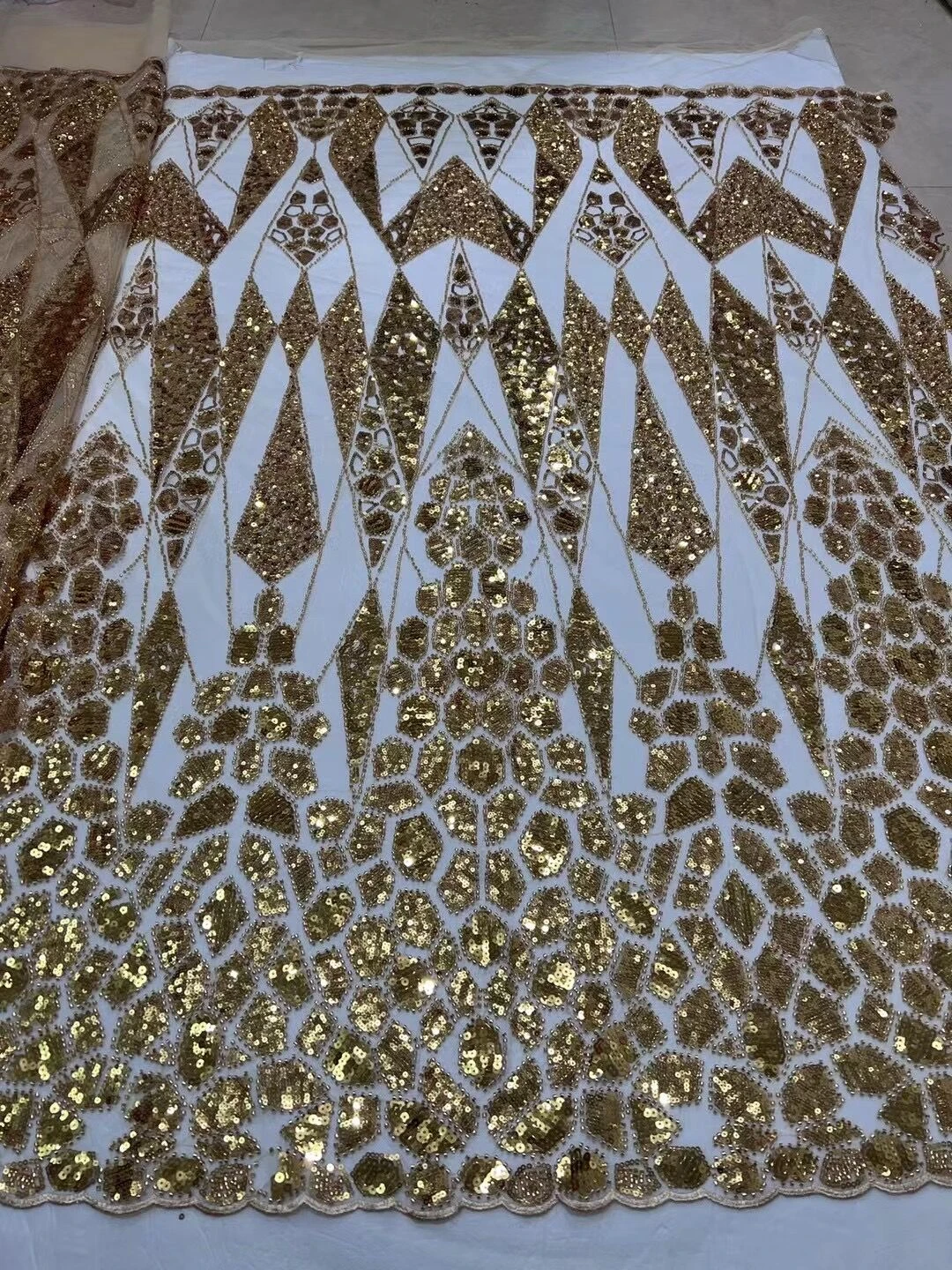 

2023 High Quality African Nigerian Tulle Lace Fabric Sequins Embroidery French Guipure Wedding Party Dress Beaded 5Yards