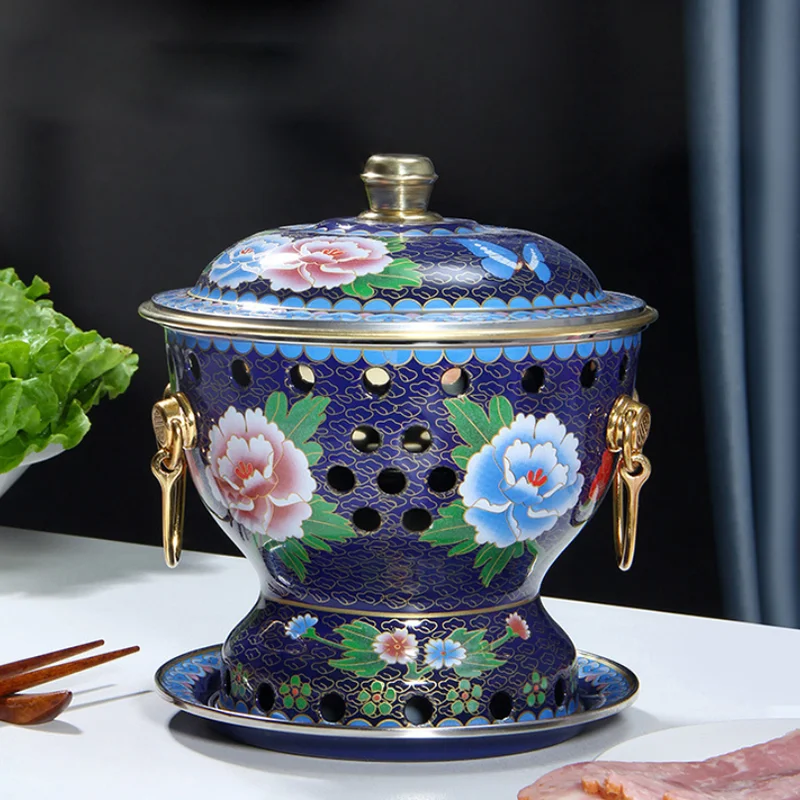 High Quality Chinese Copper Hot Pot Cloisonne Enamel Pure Copper Small Hot Pot Alcohol Small Hotpot Picnic Cooker