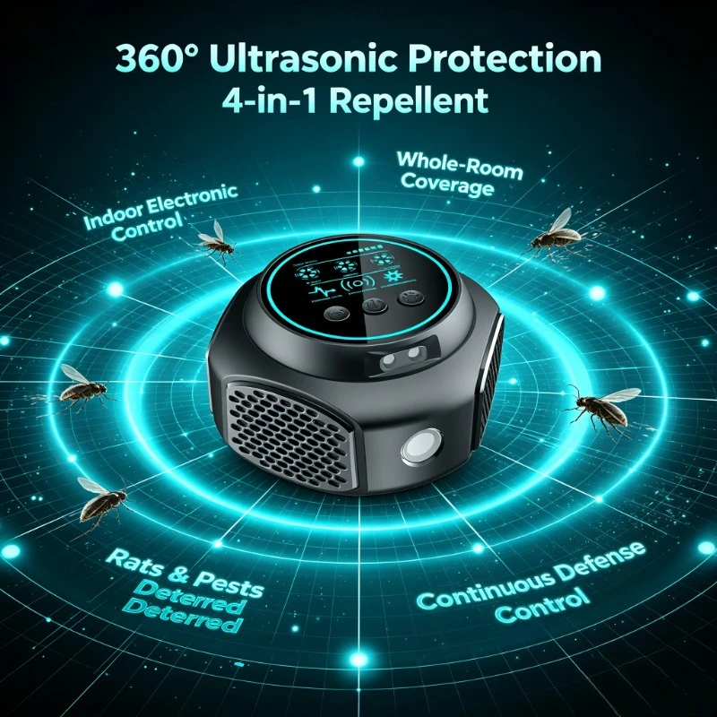 Indoor Space Pest Deter Device 4‑in‑1 360° Ultrasonic Repel Rodent Cockroach Mosquito Living Area Protection Gear