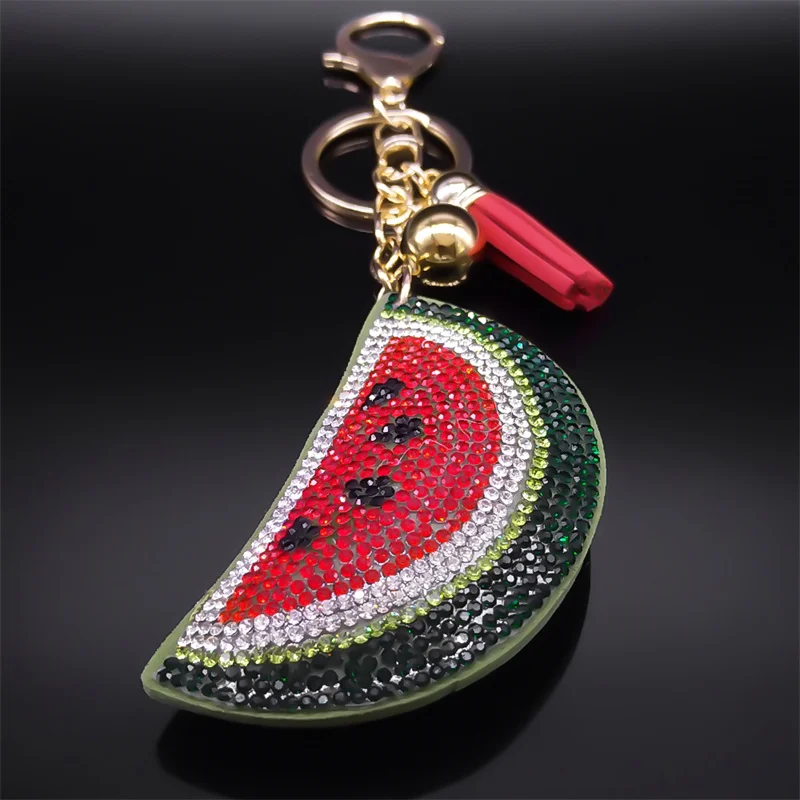 Kawaii Watermelon Full Crystal Key Chain Women Men Alloy Leather Gold Color Fruit Keyring Bag Car Accessories Jewelry K5100S05