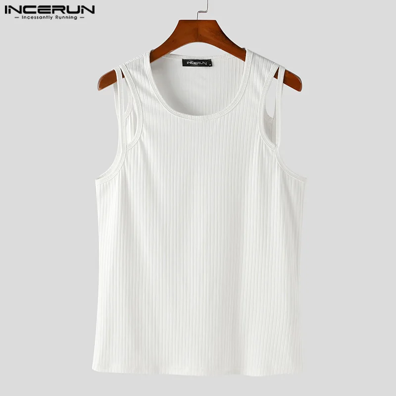 2023 Men Tank Tops Solid Color O-neck Sleeveless Hollow Out Vests Streetwear Fitness Fashion Casual Men Clothing S-5XL INCERUN