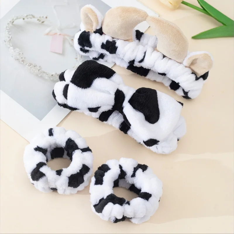 1 Cow Patterned Plush Hair Accessory Set for Autumn Winter Soft Skin Friendly Makeup Home Wear Skincare
