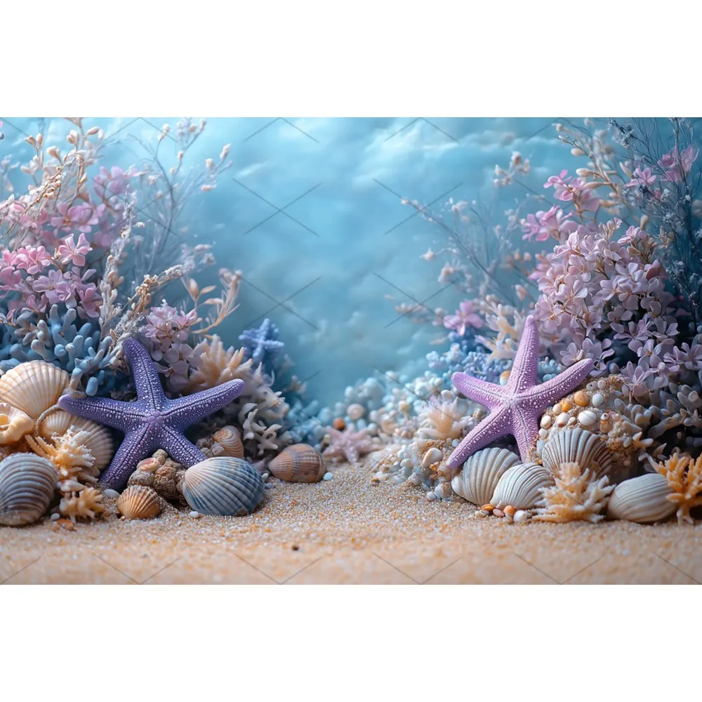 Toile de fond d'anniversaire sous la mer, thème du monde sous-marin, coquille d'étoile de mer, arrière-plan de photographie, décor de fête prénatale pour enfants