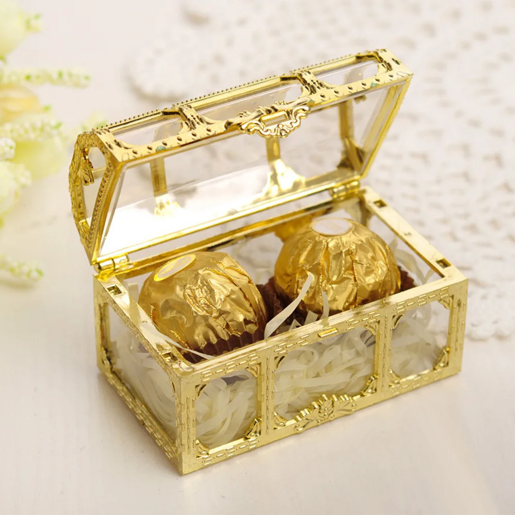 

Clear Plastic Candy Container Treasure Chest Shape Gift Treat Box Party Favors 9x5.2x5.5cm Golden Wedding Baby Shower Decor