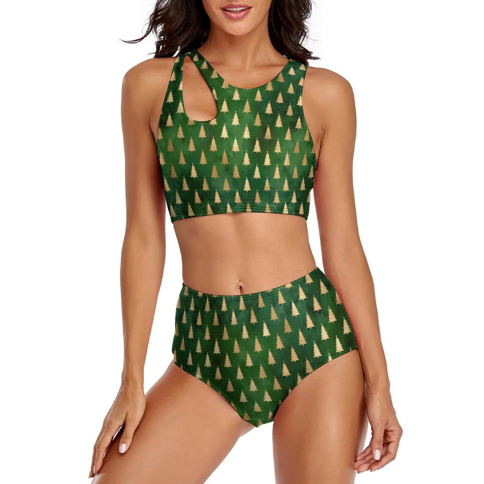 Sexy Winter Christmas Tree Bikini Swimsuit Green and Gold Retro Swimwear High Waisted Graphic Bikini Set Hollow Out Bathing Suit