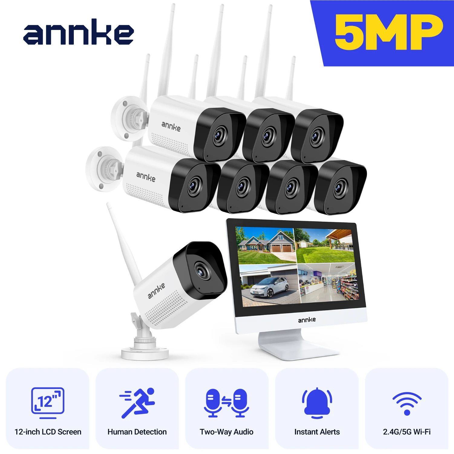 Annke 8MP wifi beveiligingscamera 12 in LCD 2.4G 5.8G 4k draadloos camerasysteem Tweerichtingsstem IR nachtzicht Outdoor wifi camera