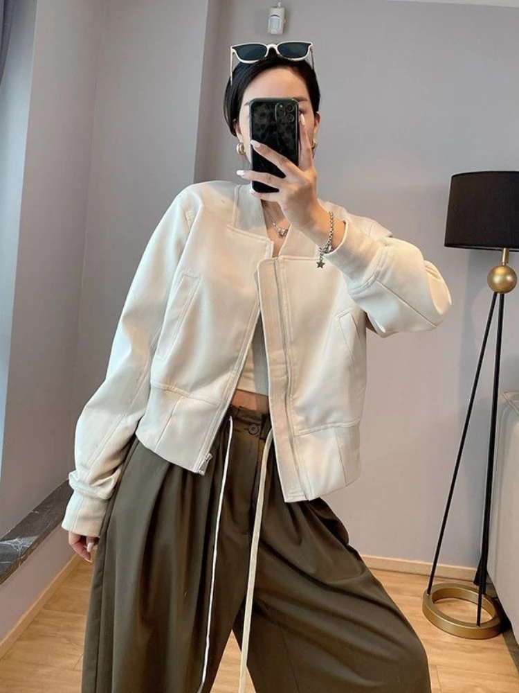 

Women's Solid Color Motorcycle Style Short Jacket 2025 Spring Autumn Minimalist Trendy Casual Versatile Baseball Jacket