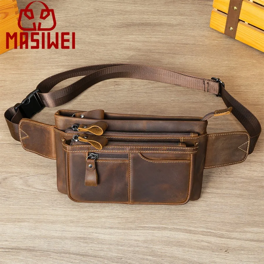 

【New style】New retro Crazy Horse special sports waist bag leather outdoor men's multifunctional commuter -body chest bag