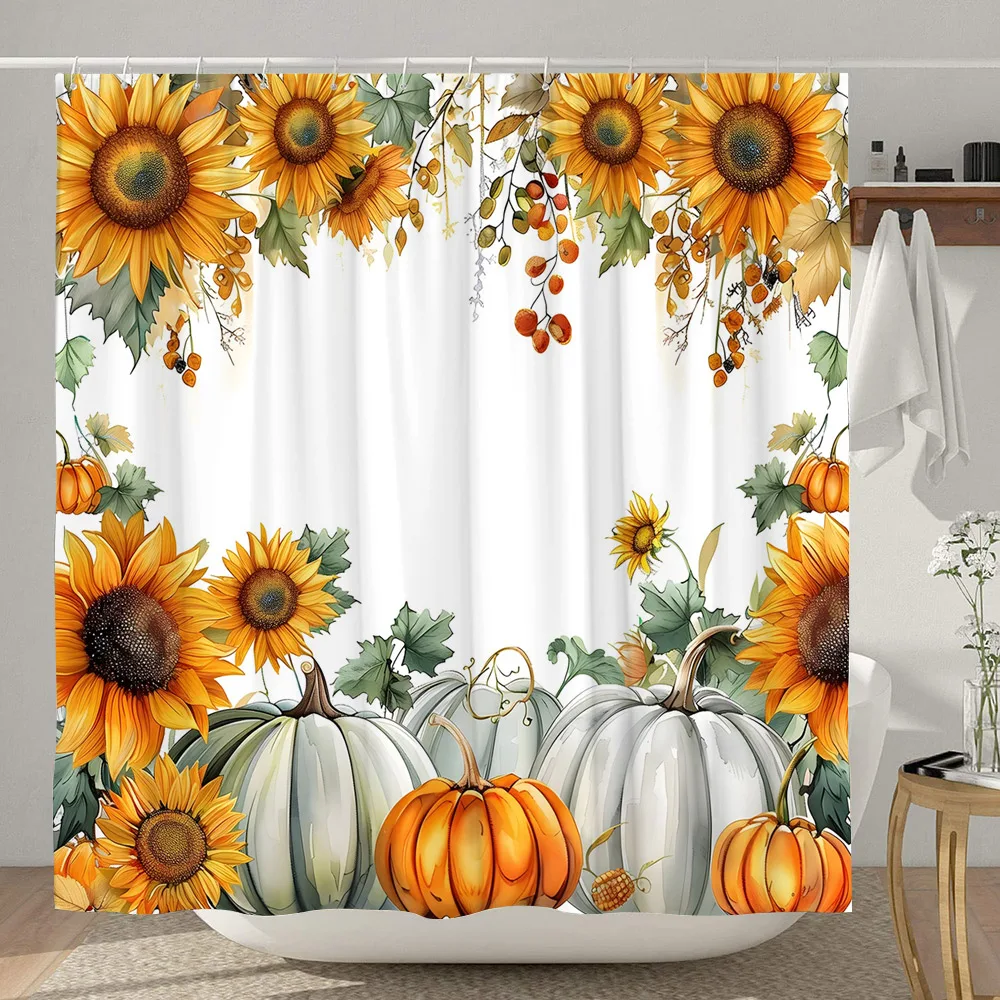 Sunflower Pumpkin Shower Curtain Thanksgiving Rustic Farm Barn Elf Cute Dog Polyester Shower Curtains Bathroom Decor with Hook