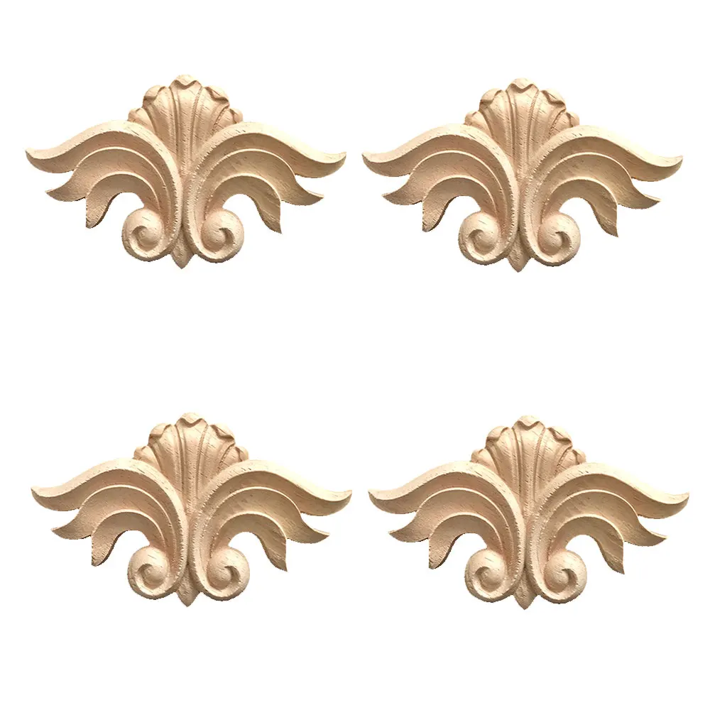 4PCS European Wooden Carving Wood Applique Decal Furniture Door Decoration Carved Flower Unpainted Home Decor Figurine Miniature