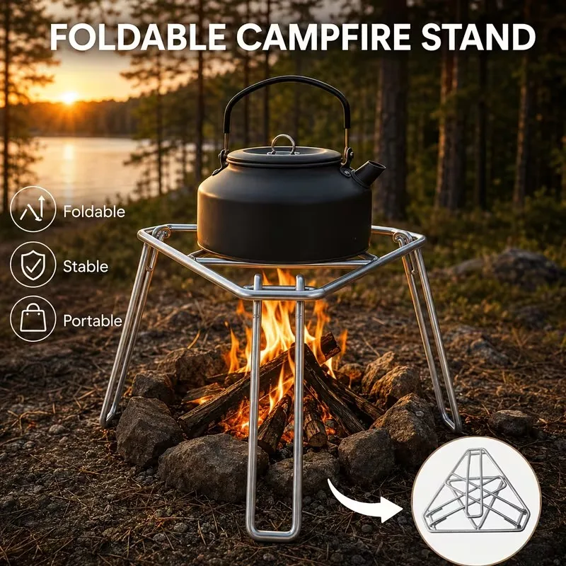 Foldable Campfire Tripod, Thickened Galvanized Triangular Stable Pot-Hanging Barbecue Stand, No Assembly Required, Unfolds and Is Ready to Use, Suitable for Outdoor Camping, Picnics, Cooking, and Outdoor Adventure Tools
