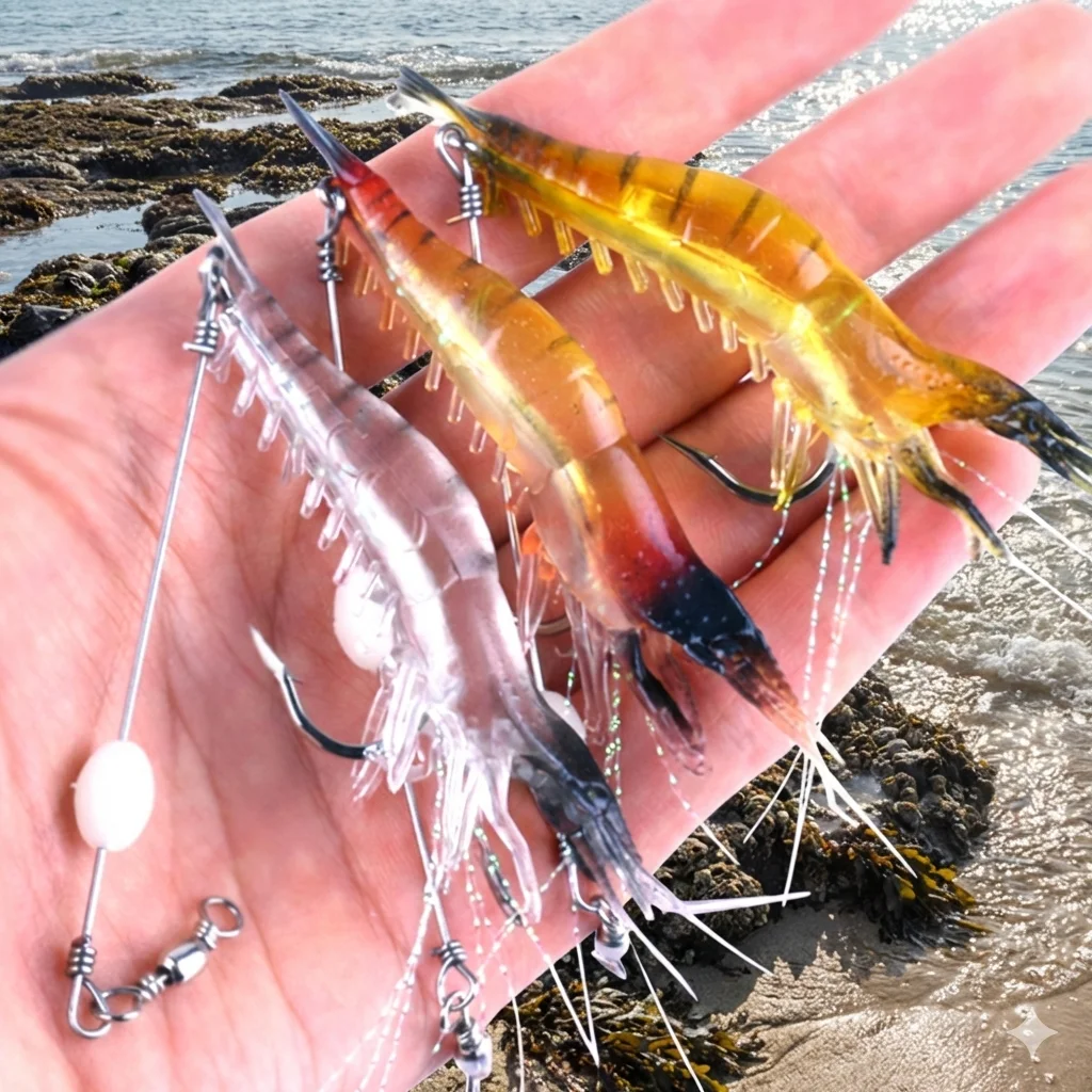 

7.5cm 6.6g Glow Shrimp Soft Fishing Lure with Hook Swivel Luminous Silicone Prawn Swimbait Artificial Bait for Bass Sea Saltwate