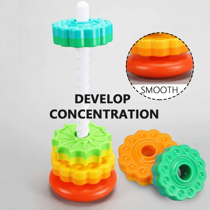 Cognition rainbow spinning tower toy funny early education geometric ring stacking block Sensory Toys for Toddler