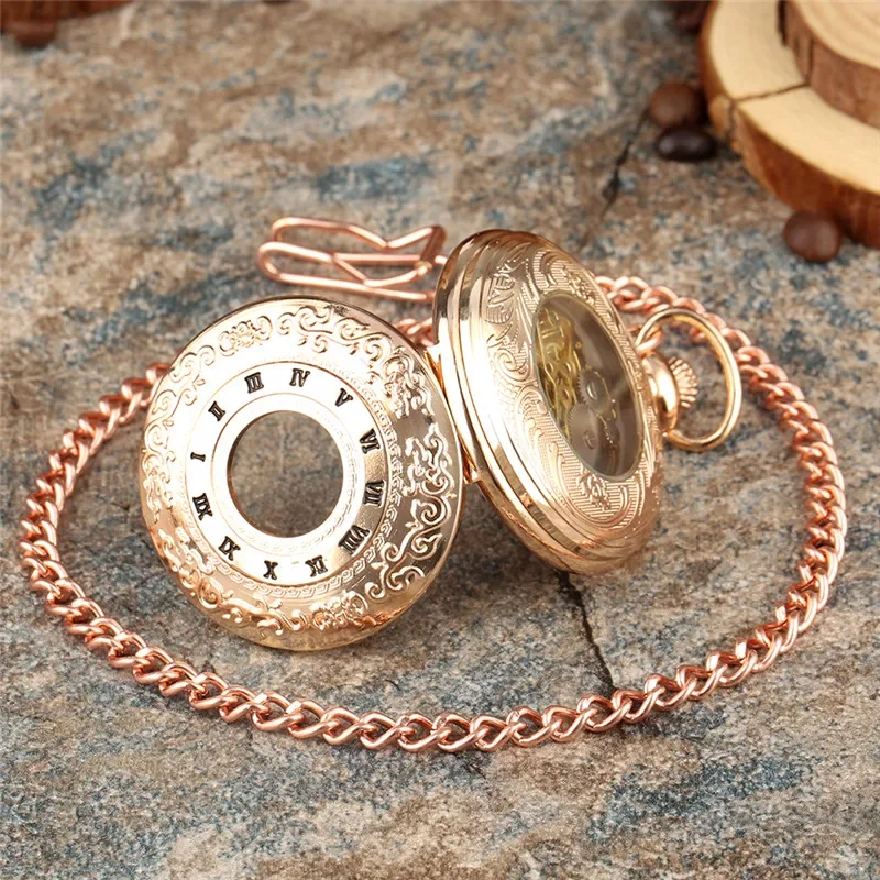 Vintage Roman Numbers Skeleton Mechanical Hand-Wind Pocket Watch with Pendant Chain Men Women Rose Gold Clock Timepiece