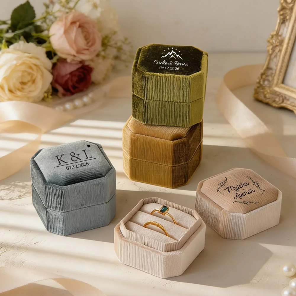 Personalized Name Velvet Ring Box,Octagonal Holder for Engagement Wedding,Keepsake Box for Bride Groom,Perfect for Anniversary