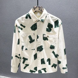 2024 Fashion Trendy Brand Printed Men's Autumn New Spliced Square Collar Button Pocket Casual Loose Versatile Long Sleeve Shirts