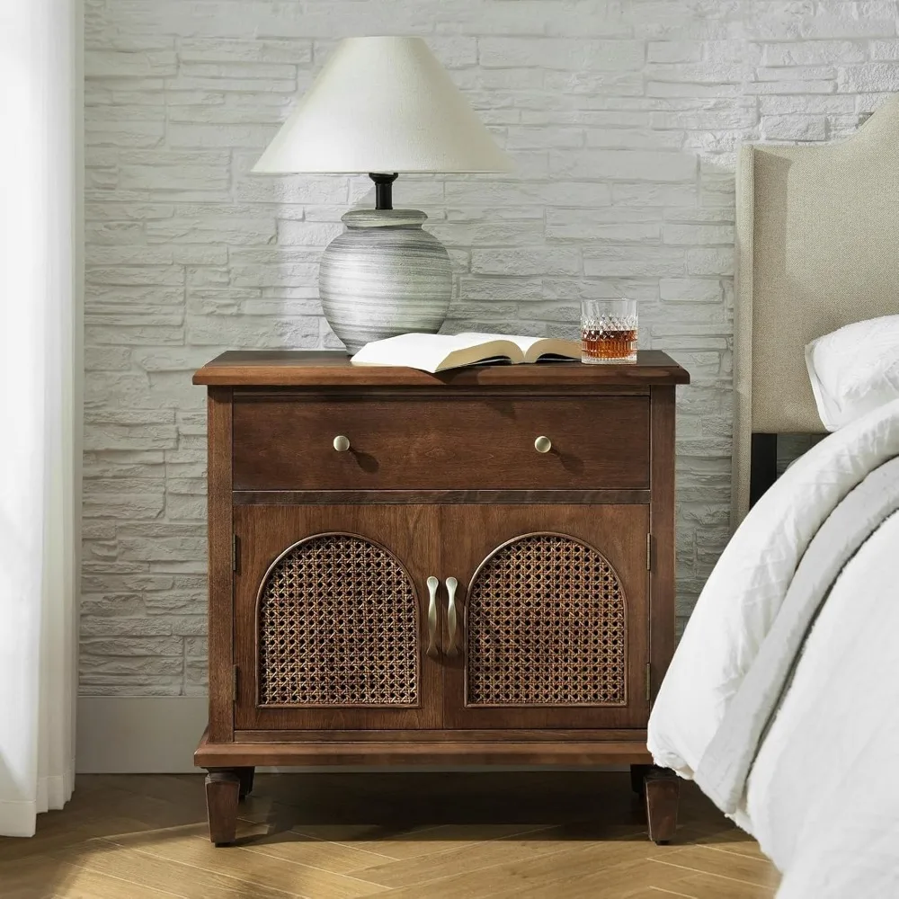 

Nightstand with Charging Station, Rattan Nightstand with Storage, Wood with Drawer and Rattan Doors for Bedroom