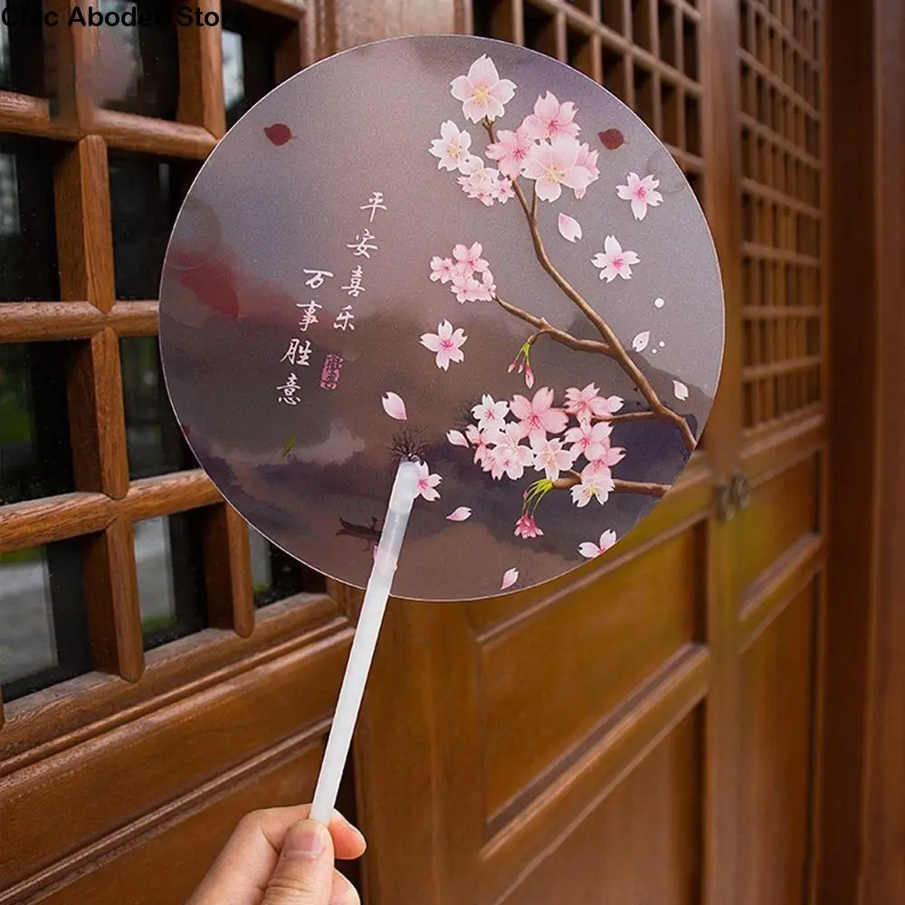 Ancient style round fan translucent long-handled fan Hanfu dance photo prop hand-held small round fan Chinese fan