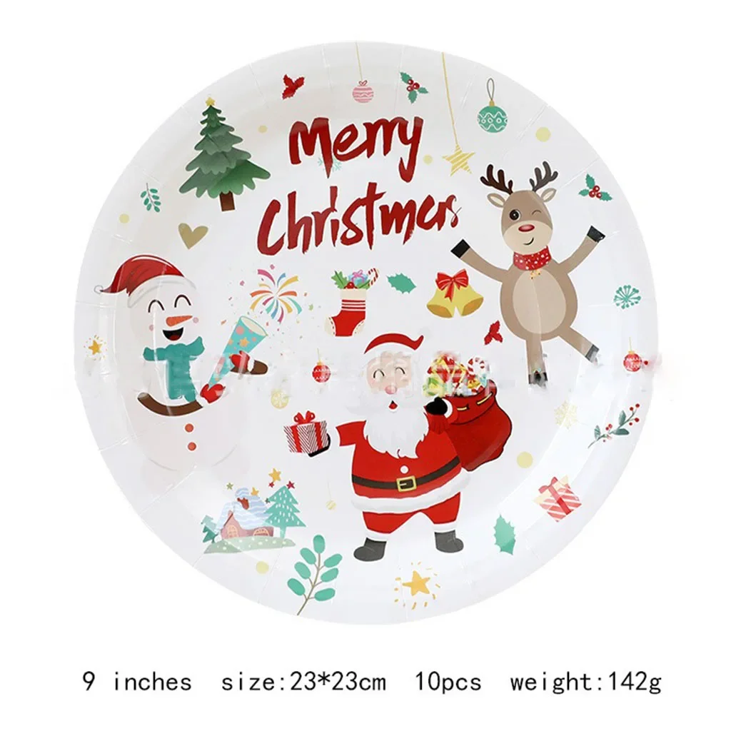 10Guests Christmas Disposable Tableware Cartoon Santa Claus Elk Xmas Tree Shaped Paper Tray Merry Christmas Happy New Year 2025