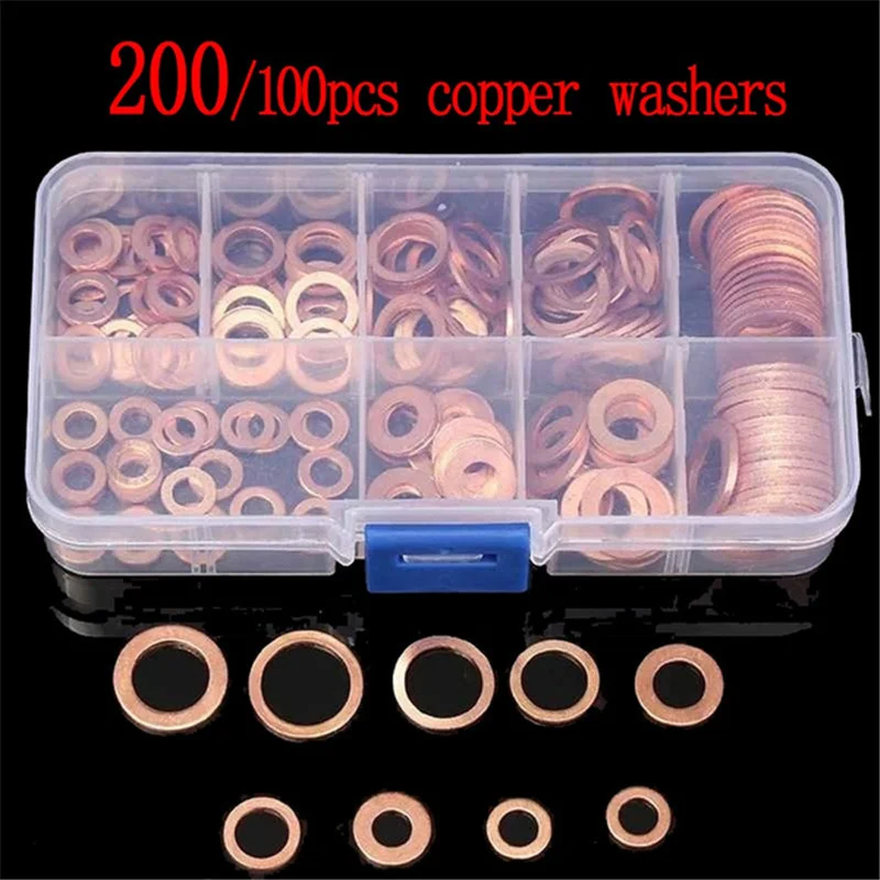 200/100PCS Copper Washer Gasket Nut And Bolt Set Flat Ring Seal Assortment Kit With Box //M8/M10/M12/M14 For Sump Plugs Washers