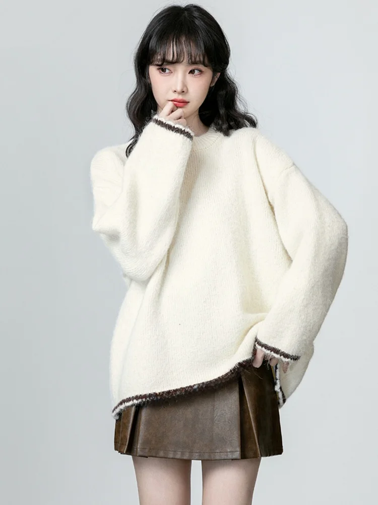 

Thiened round Ne Sweater Women's Loose Lazy Color Blo Knitted Top Spring Autumn New Sle Comfortable Warm Long Sve