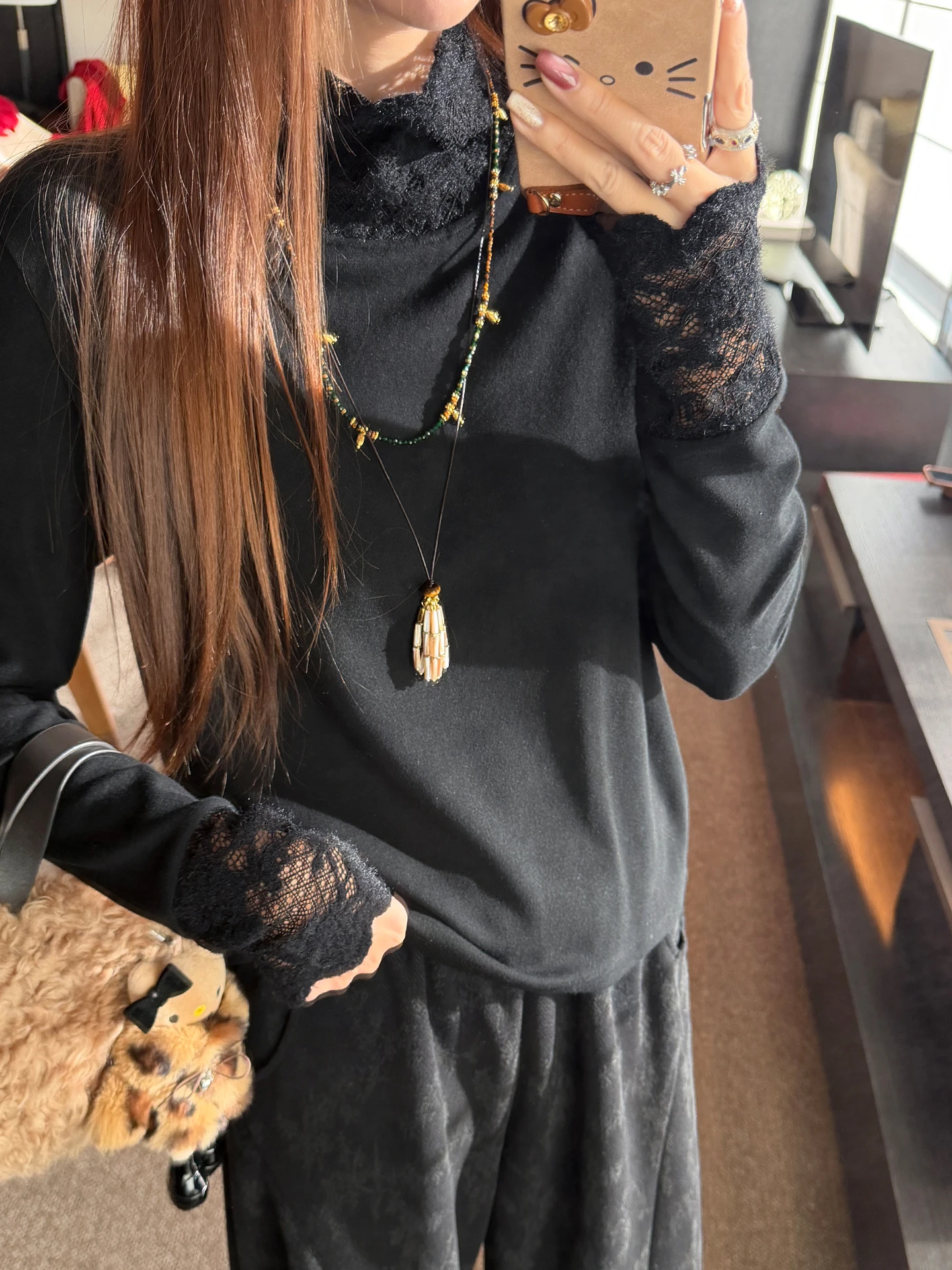 

Мягкая хлопковая кофта с высоким воротником и кружевными вставками, плотность 260 г, в корейском стиле, для повседневной носки, универсальный крой, для женщин.