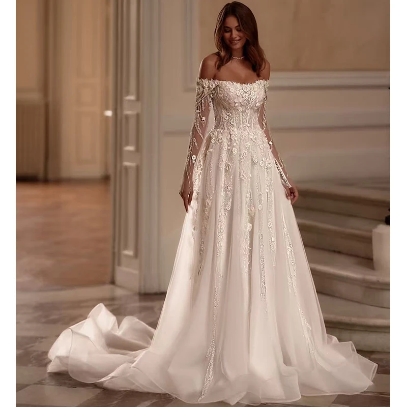 

Graceful Wedding Dress Organza With Embroidery A-Line Ballgown Fullsleeve Boatneck Customized Bridedress Zipper Vestido De Novia