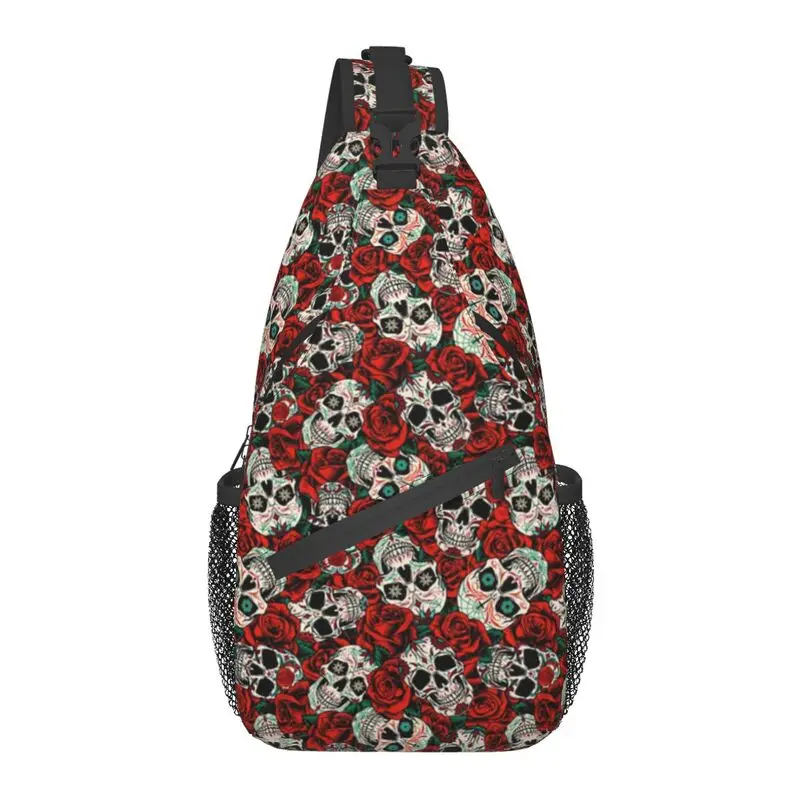 Sugar Skull And Roses Flowers Sling Crossbody Chest Bag Men Casual Gothic Design Day Of The Dead Shoulder Backpack for Hiking