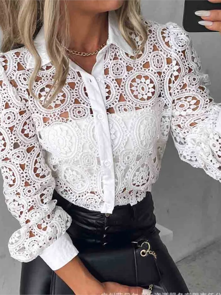 White Lace Patchwork Shirt Blouse Women Spring Summer Unlined Long Sleeve Shirts For Women 2024 Fashion Hollow Out Vintage Tops