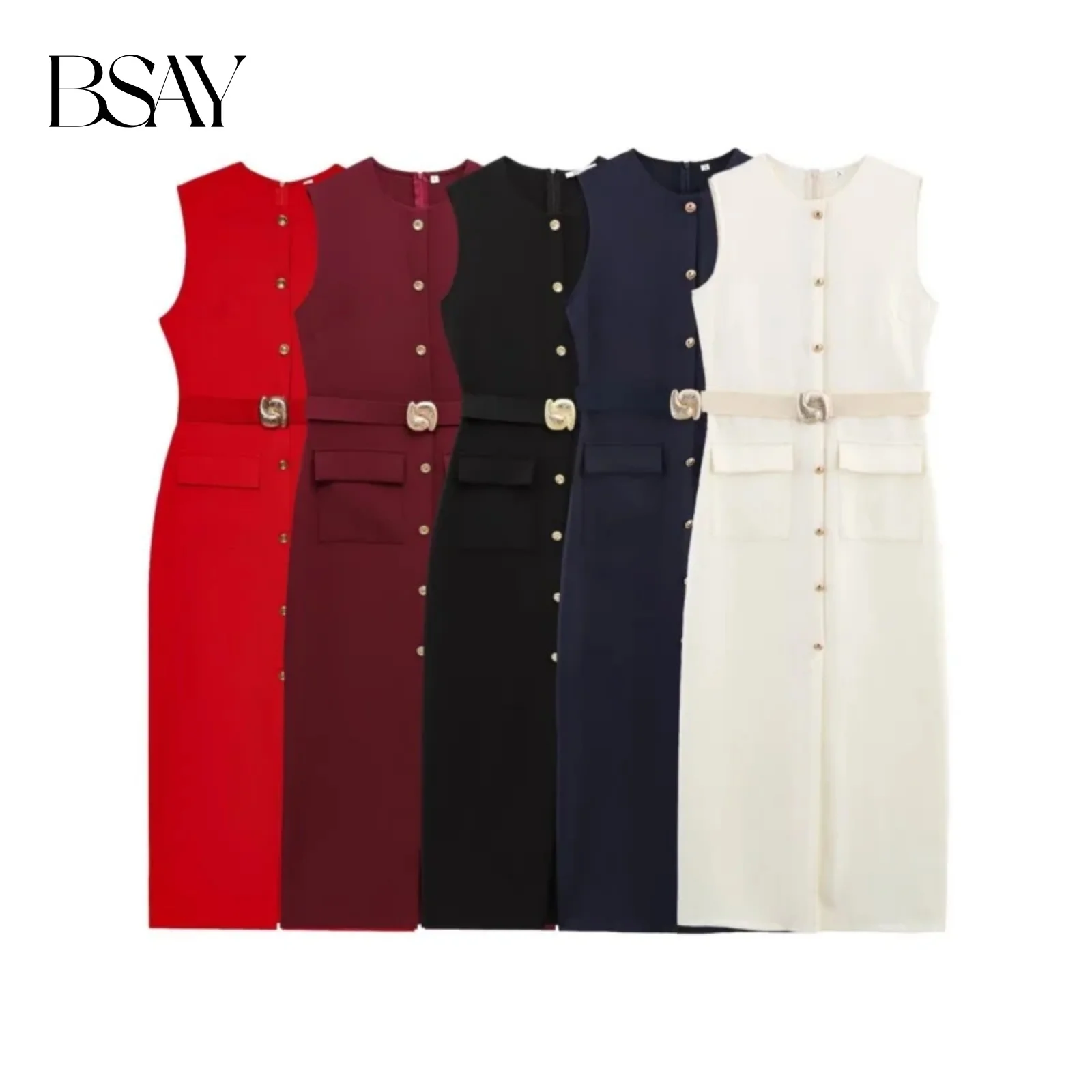 BSAY Kleid für Damen, modisch, Sommer, Gürtel, Reißverschluss hinten, O-Ausschnitt, einreihig, Midi-Weste, französische schicke weibliche Abendkleidung