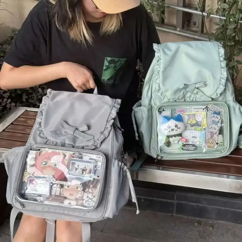 Bowkont Ruffled 일본 Y2k 배낭 투명 포켓 로리타 소녀 가방 대용량 Preppy 스타일 Itabag 토끼 귀 통증 가방