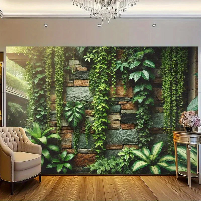 Lush Greenery Tapestry: Stone Wall with Cascading Plants for a Serene Living Room Decor
