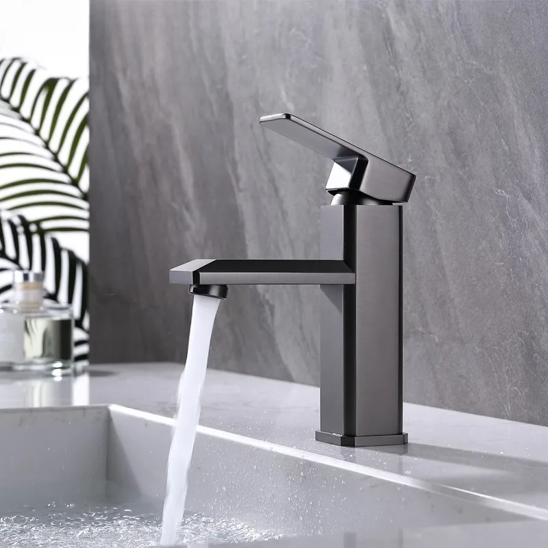 

Household Minimalist Gun Gray Black All Copper Basin Square Faucet Bathroom Hot and Cold Mixed Water Washbasin