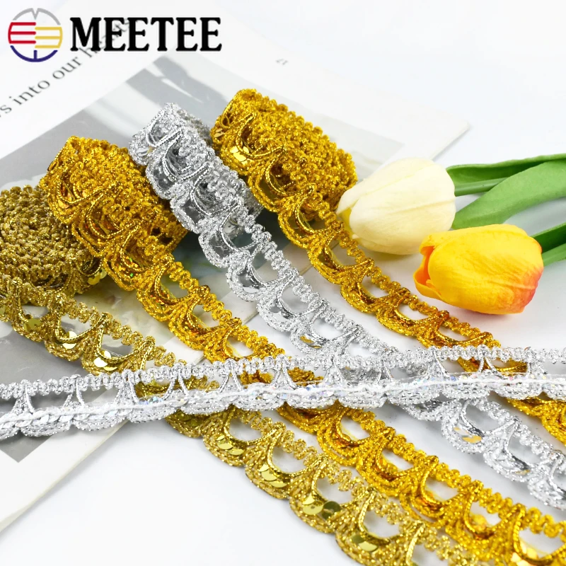 

1-5Pc(1Pc=13M) 22mm Gold Silver Lace Trim Sequin Semi-circular Bead Ethnic Woven Clothes Decorative Laces DIY Sewing Accessories