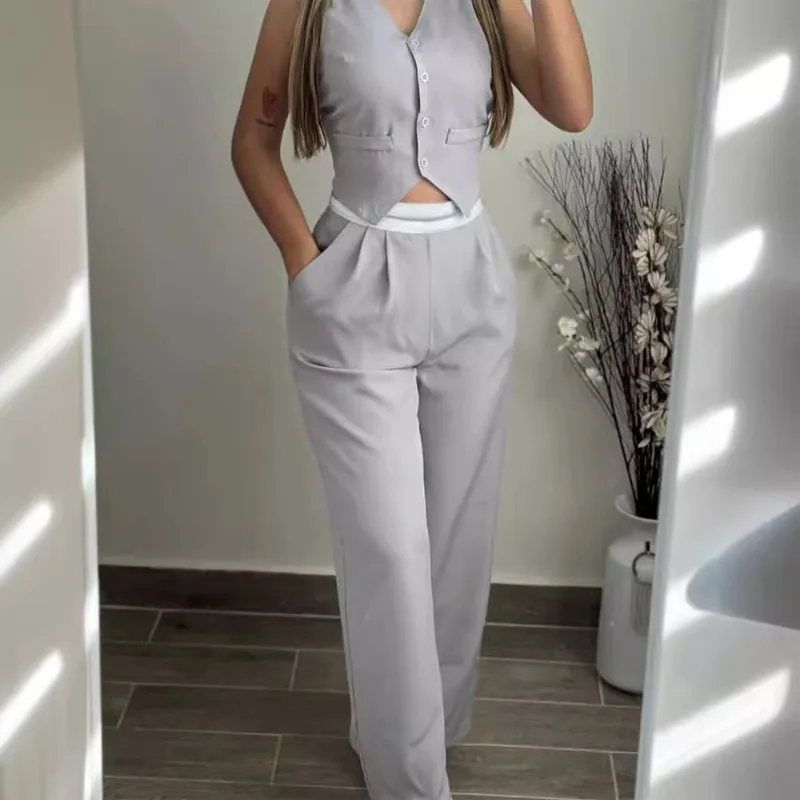 2024 Spring Summer New Two-piece Set Women Sexy Single Breasted V-Neck Irregular Vest High Waist Pocket Straight Pants Set