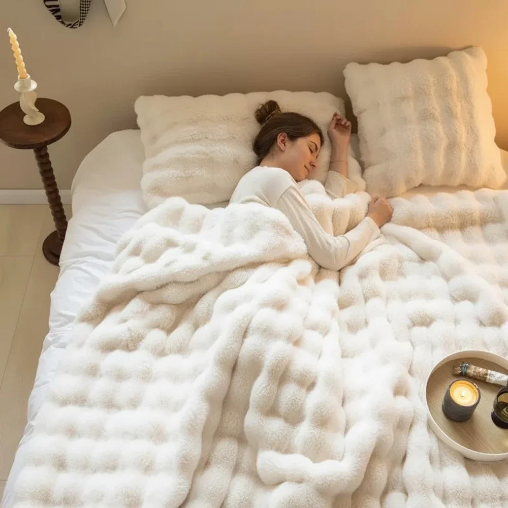 Soft and Cozy Toscana Rabbit Fur Blanket Widen 200*180cm Warm and Fluffy Artificial Fur Blanket Winter Pillowcase