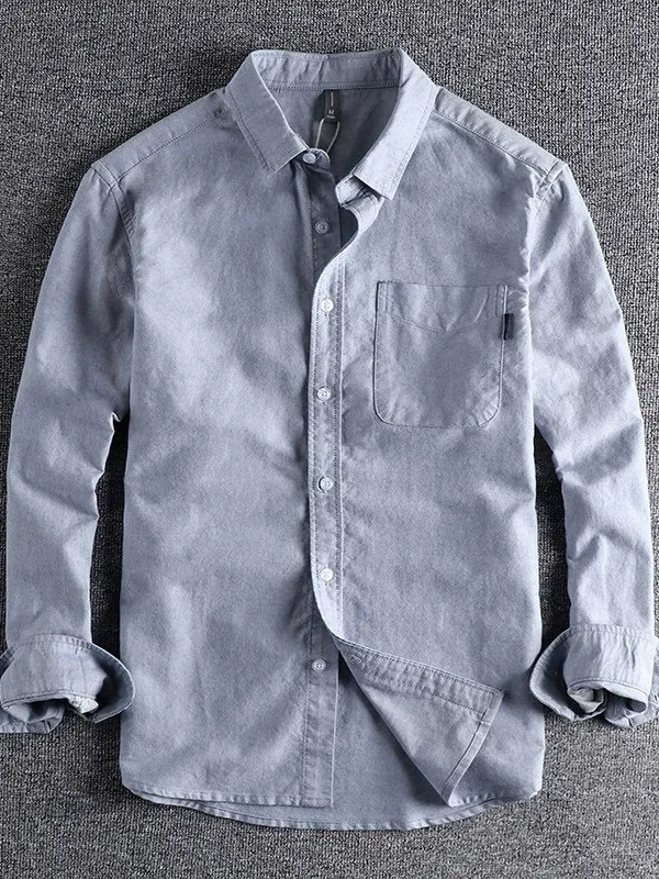 Men's Retro Japanese Style Patch Sleeve Shirt Casual Versatile Long Sleeve Fashionable Urban Polyester Fiber Spring Autumn