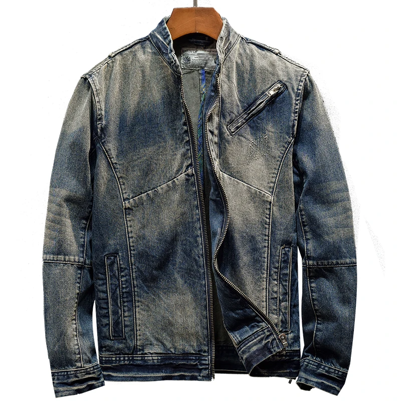 Cappotto in denim con colletto alla coreana retrò per uomo 2024 nuova giacca da moto nostalgica slim fit alla moda retrò lavata