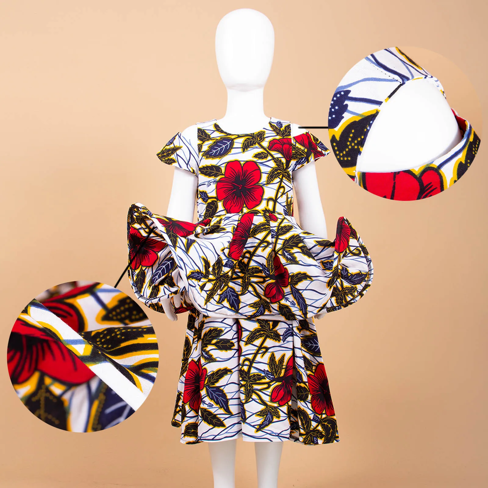 African Girls Dresses Sleeveless Double Princess Dress Casual Lovely Ankara Kids Print Mini Dress Shirt Dress AFRIPRIDE S1940017