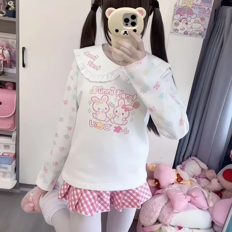 Japanese Sweet Cartoon Bunny Print Kawaii T-shirt Women Harajuku Peter Pan Collar Ruffled Top Y2k Aesthetic Grunge Slim Fit Tees