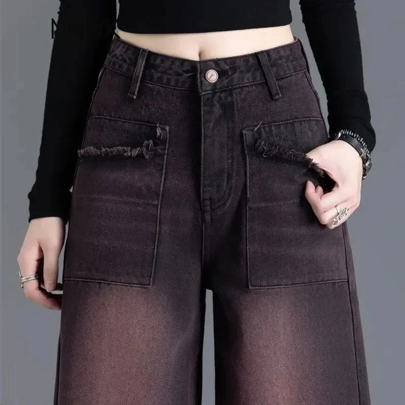 กางเกงยีนส์ทรงหลวมสไตล์เกาหลี เอวสูง ขาบาน สำหรับผู้หญิง แฟชั่นฤดูใบไม้ร่วงและฤดูหนาว