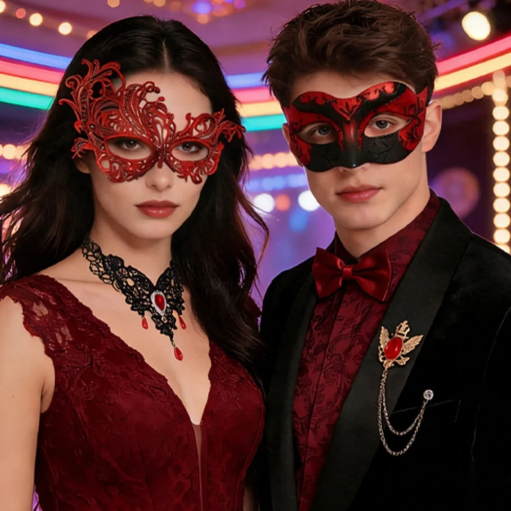 Couple Masks Set  Party Mask Necklace Brooch Set Venetian Carnival Masks High-Quality Masquerade Mask Set For Special