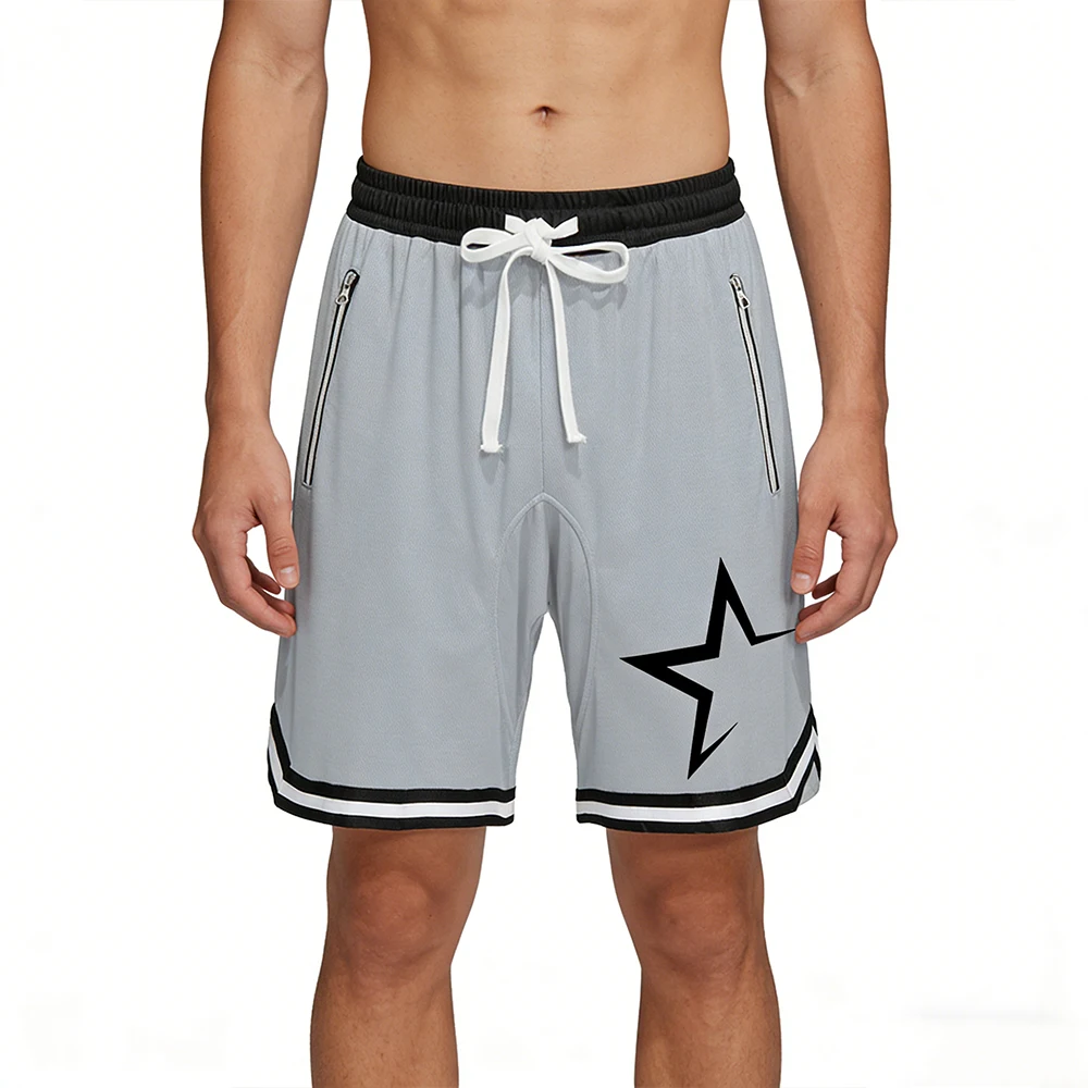 

Летние пляжные мужские повседневные дышащие быстросохнущие шорты для бега в тренажерном зале с карманами на молнии и завязками на талии со звездным графическим принтом