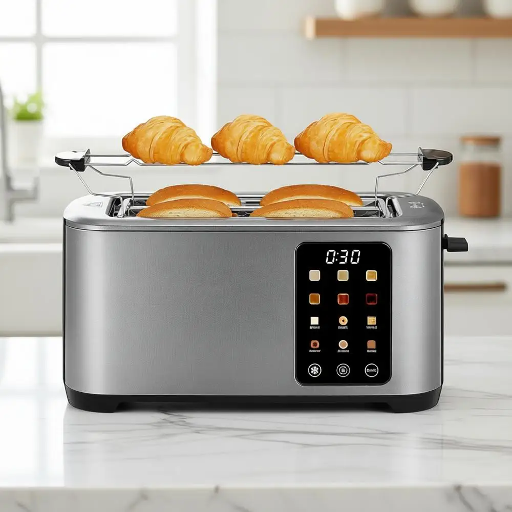 

Тостер на 4 ломтика с сенсорным управлением, удлиненные особо широкие слоты, 6 видов хлеба и 6 уровней поджаривания, нержавеющая сталь, съемный поддон, функция отмены/отключения