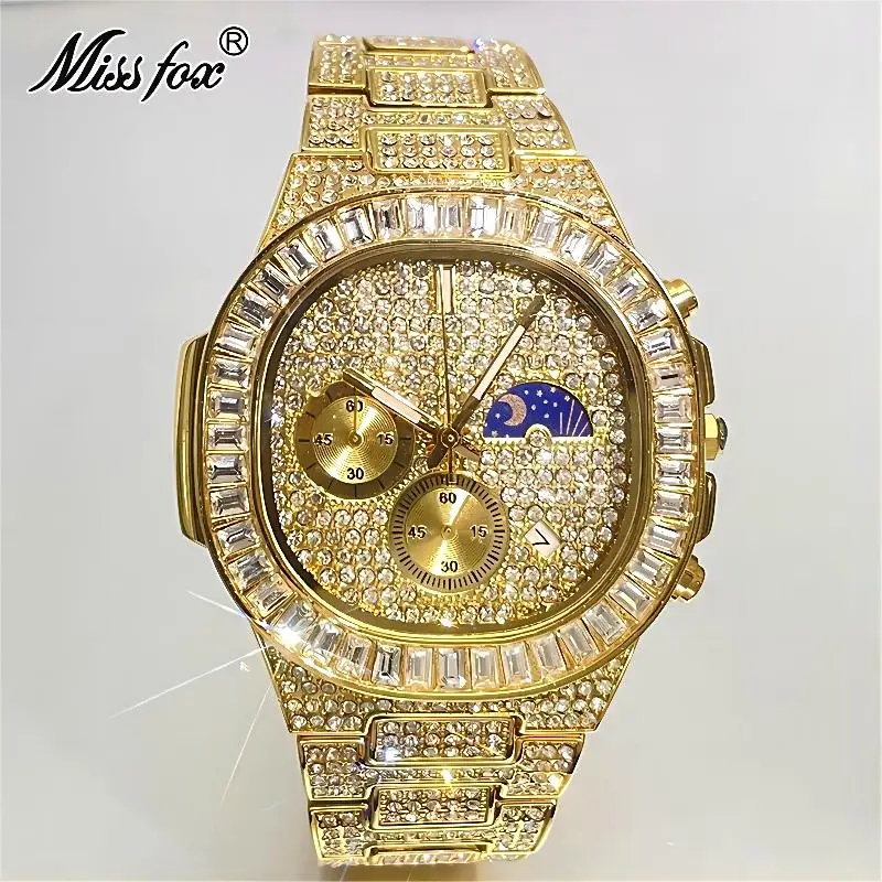 MISSFOX Luxury Gold Watches Men Fashion Iced Out Quartz WristWatches Hip Hop Square Diamond Moon Phase Clocks Reloj Dropshipping