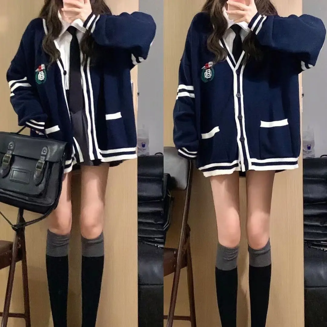 College Style New Badge Embroidery Contrasting Color Sweater Cardigan for Female Students Versatile Knitwear Jacket Trendy