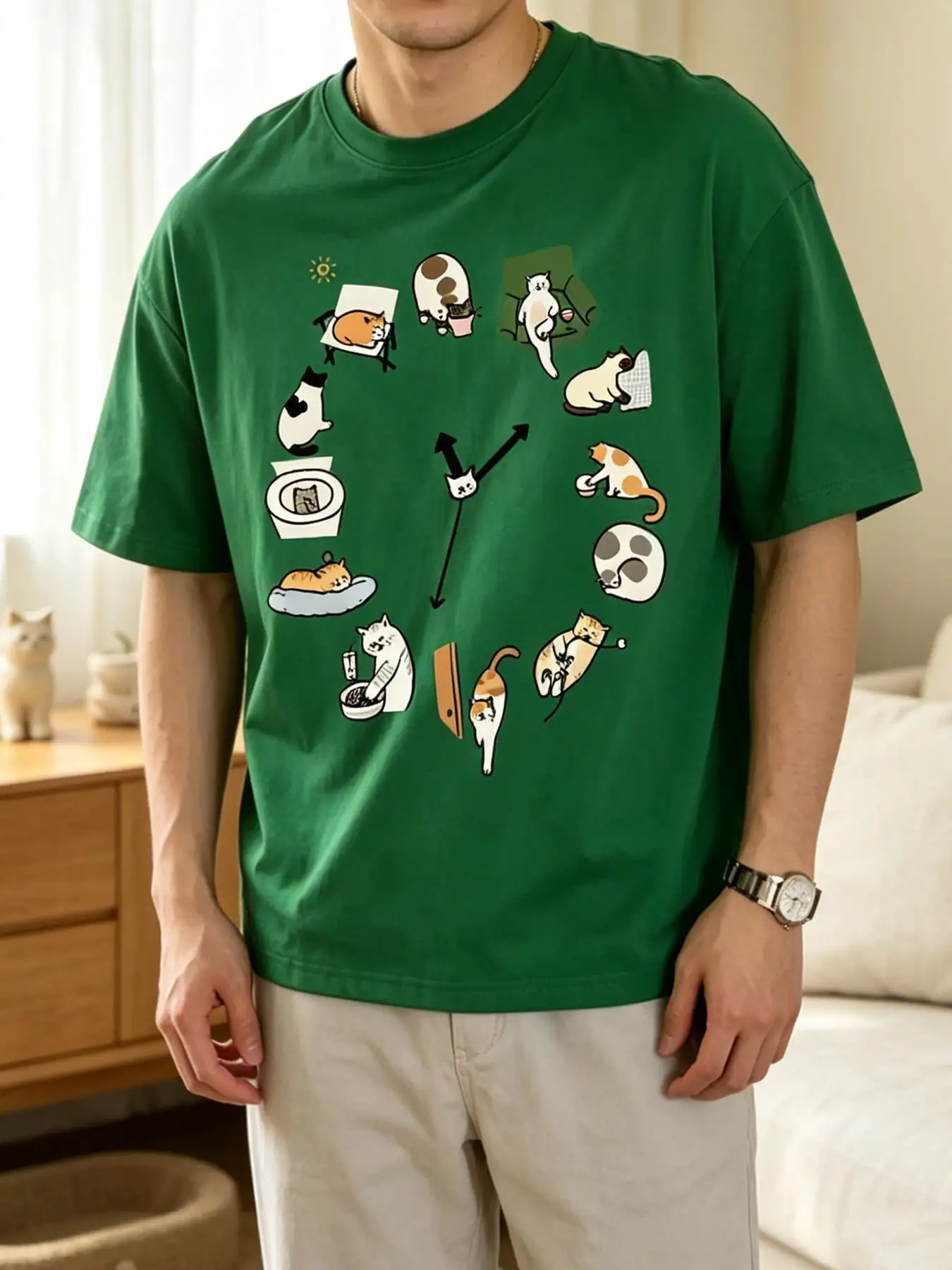 Cute Cat Alarm Clock Printing Men T-Shirt O-Neck Casual Short Sleeve All-Match Cotton T Shirt Oversized Summer Sportswear