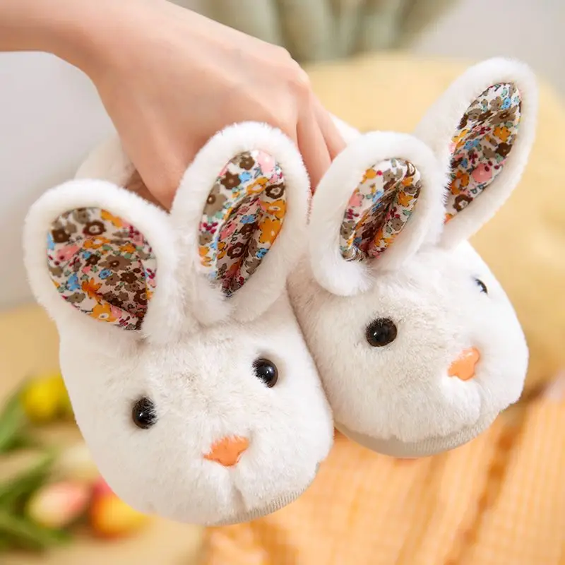 

Kawaii cute rabbit slippers kids children home animal bunny shoes with stand ear lovely girls babi slip-on fur slippers