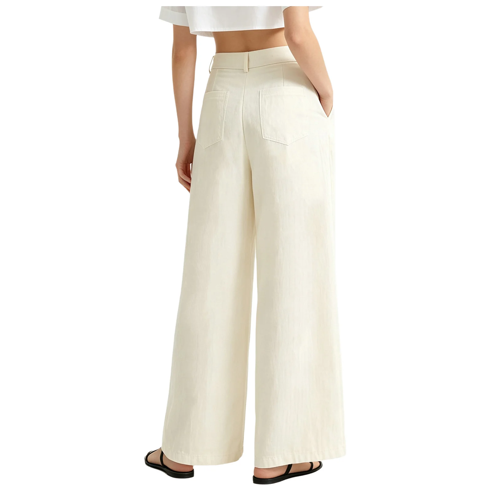 Women Casual High Waist Wide Leg Pants Anti-wrinkles Long Pants with Pockets Solid Color Trousers for Office Work Beach Travel